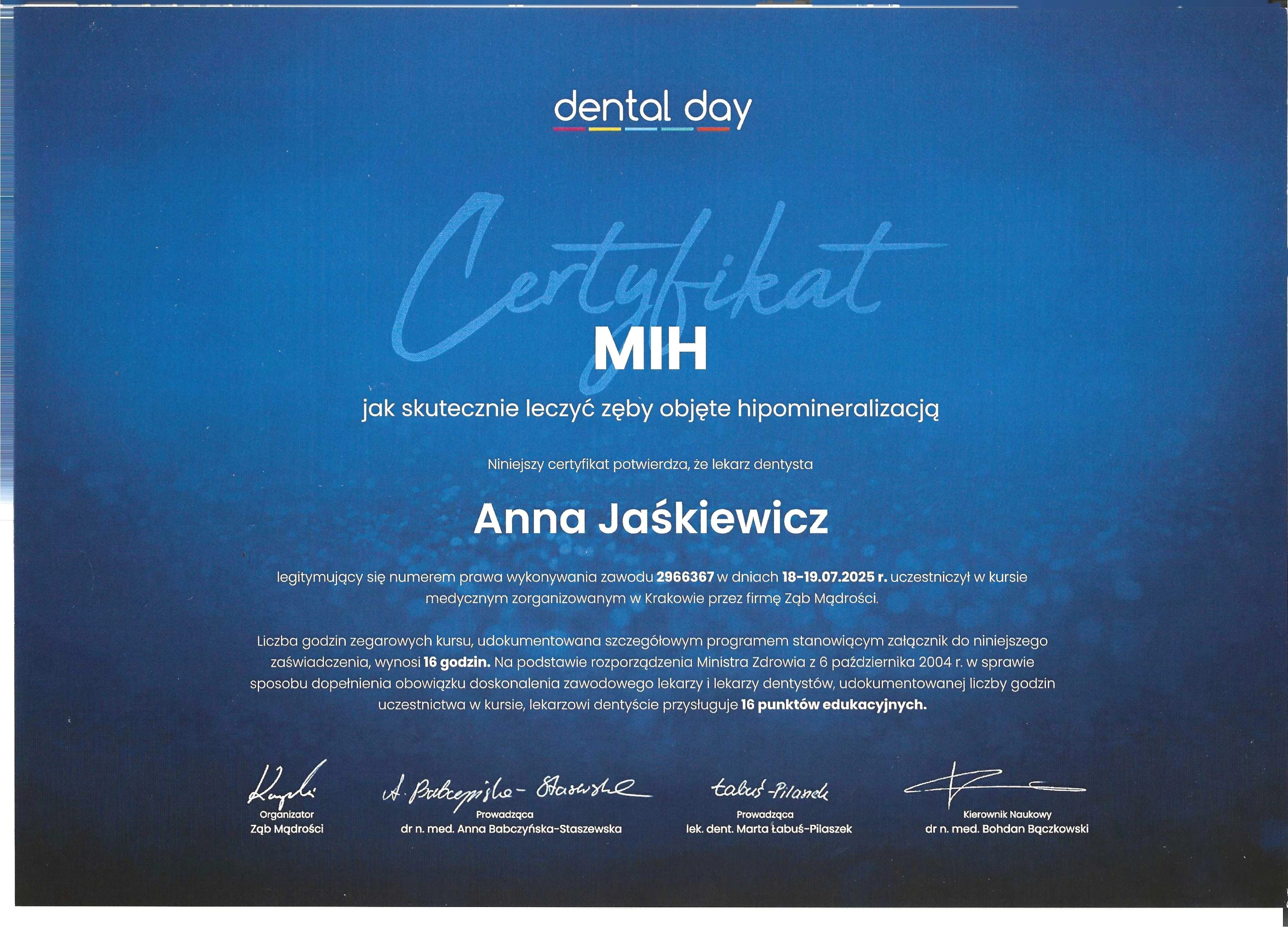 Certyfikat Stomatologia - Anna Jaśkiewicz